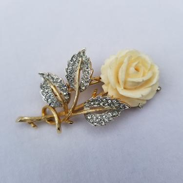 Vintage 60s White Rose Brooch Pin ~ Vendome Costume Jewelry ~ Midcentury Brooch ~ Rhinestone Gold Tone ~ Flower Art ~ Floral Fashion Jewelry 