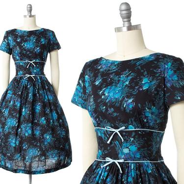 Vintage 1950s Dress | 50s Blue Floral Black Cotton Day Dress with Bows (small) 