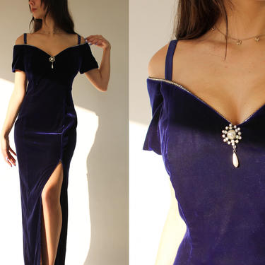 Vintage 80s Nu-Mode Deep Lapis Blue Off The Shoulder, Rhinestone Trim Velvet Gown | Made in Canada | 1980s Evening Gown, Party, Prom Dress 