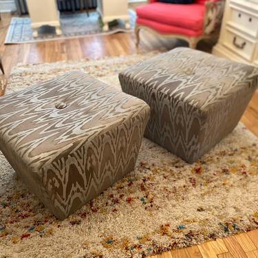 Grey and Silver Ikat Ottomans on Casters - A Pair 