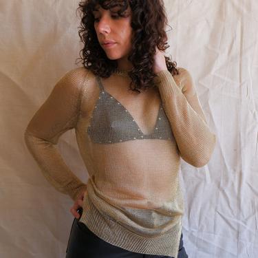 Vintage 1990s Gold Mesh Knit Top/ 1990s Long Sleeve Sheer Metallic Sweater/ Size Medium 