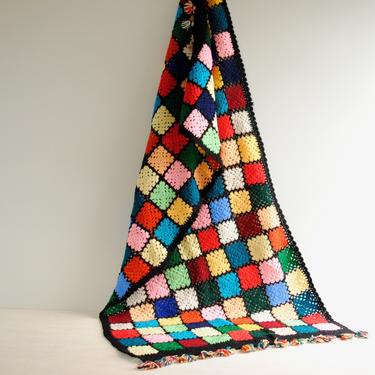 Vintage Afghan Blanket in Colorful Squares, 60&quot; x 30&quot; Crocheted Afghan Blanket, Granny Squares Afghan Blanket, Hand Crocheted Wool Blanket 