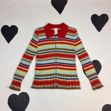 90's Oilily collorful striped ribbed knit zip up slinky collared sweater 1990's fitted wavy lettuce hem rainbow grunge zipper cardigan XL L 