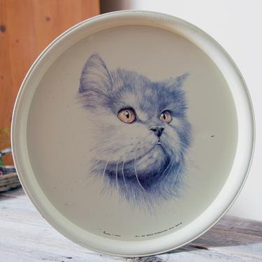 Vintage round metal tray / vintage metal cat tray / French metal tray / cat lover gift / Persian cat tray / vintage French Massilly tin tray 