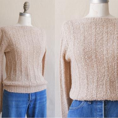 Vintage 80s Boucle Knit Sweater/ 1980s Boat Neck Ribbed Taupe Sweater/ Size Small 