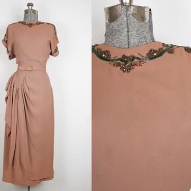 1940's Mocha Rayon Crepe Beaded Cocktail Dress / Size Medium 