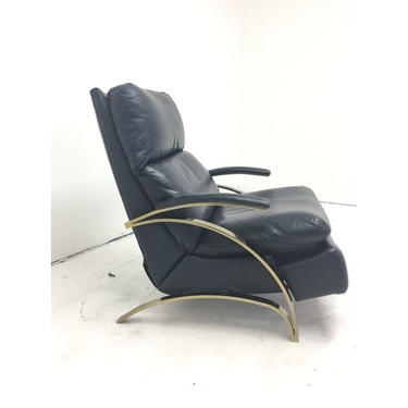 1980s Navy Blue Leather and Brass Recliner 