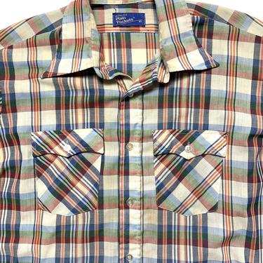 Vintage 1970s JC PENNEY Plain Pockets Button-Up Shirt ~ XL ~ Madras Plaid 