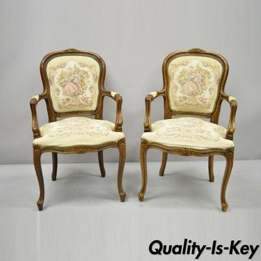 Pair of Italian Chateau D'ax Spa French Louis XV Style Tapestry Arm Chairs