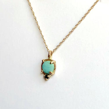 Dainty 14k Gold Turquoise and Black Diamond Pendant Handmade Small Gemstone Charm Necklace 