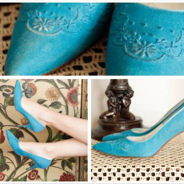 1950s Heels // I. Miller Turquoise Fabric Stiletto Heels // vintage 50s shoes // 8.5N 