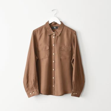 vintage brown silk button down shirt, 90s blouse, size L / XL 