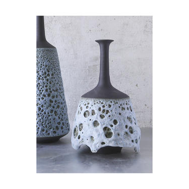 SHIPS NOW-  one stoneware angular bottle vase in raw black clay with blue crater glaze sarapaloma 