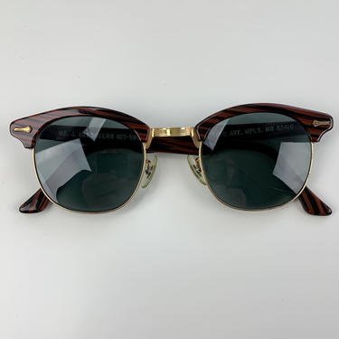 Vintage Brownline Sunglasses - Gold Plated Metal - Dark Wood Grain Printed Frame - UV Glass Lenses 