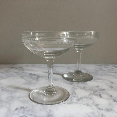 Vintage Champagne Coupes with etched greek key and stars, set of 2 Champagne Glasses, wedding toasting glasses 