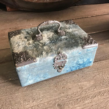 French Velvet Silver Boudoir Box, 19th C, Silk Interior, Dresser, Jewelry Case, Sewing Box, Faded Grandeur 