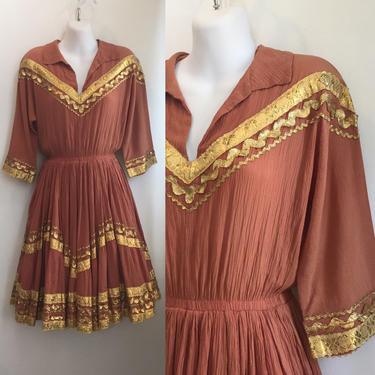 Vintage 50's Rockabilly PATIO DRESS / Squaw Fiesta Western Dress / Donnell's of Denver / Gold Rick Rack 