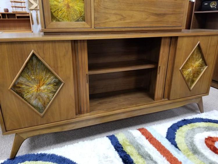 Mid-Century Modern backlit wall unit with drop front bar and media storage
