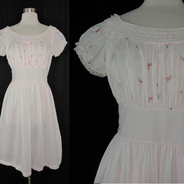 Vintage Shadowline Small Pink Cotton Short Sleeve Nightgown - 60s Pink Floral Night Gown - Lingerie 