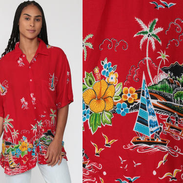 Hawaiian Shirt Sailboat Shirt 90s Floral Print Tropical Shirt Sailboat Surfer Sailor Button Up 1990s Sea Red Collared Shirt Medium Large 