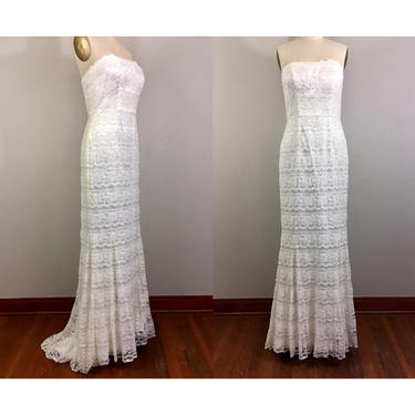 Vintage Strapless White Wedding Dress GALINA Evening Gown Satin Lace Beaded S 