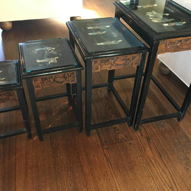 VINTAGE Oriental Nesting Tables//  Mother of Pearl Hand Carved Wood Nesting Tables, Chinioserie Decor 