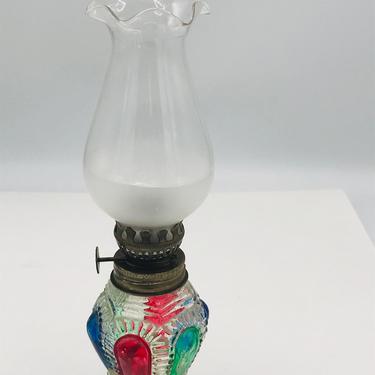 Vintage Small Hurricane Oil Lamp  Molded Multi Color Glass 9&quot; tall Frosted Chimney globe 