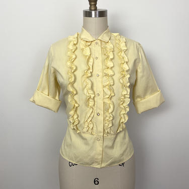 Vintage 1950s Blouse 50s Cotton Shirt Yellow Ruffles 