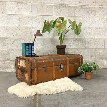 LOCAL PICKUP ONLY Antique Leather Trunk Retro 1930's Brown Steamer or Travel Luggage with Wood Details and Multiple Locks Princeton 