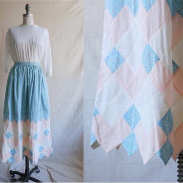 Vintage Floral Patchwork Midi Skirt/ 1980s High Waisted Prairie Quilt Skirt/ Cottage Core/ Size Large 