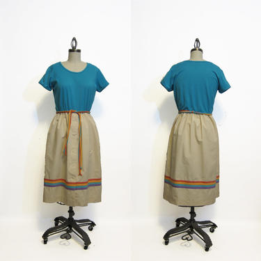 1980s jade and khaki day dress - t-shirt bodice with khaki skirt - size medium - large 