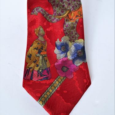 Vintage 1980s Leonard Silk Tie, Unique Necktie, red multicolor Asian-inspired elephant floral print 