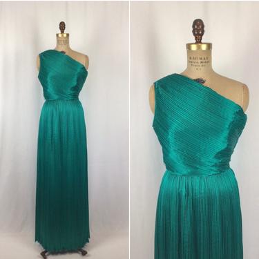 Vintage 70s dress | Vintage green pleated column evening dress | 1970s Rona for Saks Fifth Avenue cocktail party dress 