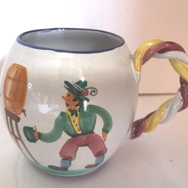 Vintage Vintage Signed Italian Hand Painted Coffee Mug Cup Italy Numbered  Man getting wine / beer out of barrel 
