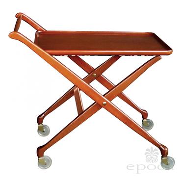 a stylish italian mid-century cherrywood bar/drinks cart with removable tray