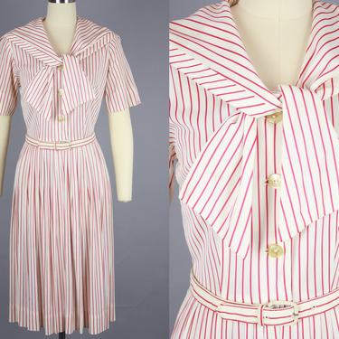 1960s SAILOR COLLAR Dress | Vintage 60s 'Serbin' White &amp; Red Striped Jersey Day Dress with Belt | small 