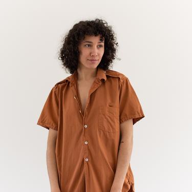 Vintage Overdye Carrot Orange Short sleeve Shirt | Epaulettes Simple Blouse | Cotton Work Shirt | L | 