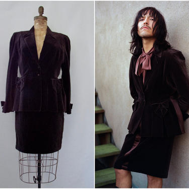 THIERRY MUGLER Vintage 80s Brown Tuxedo Suit | 1980s Jacket Blazer w/ Bows, Pencil Mini Wiggle Skirt | Designer Avant Garde | SIze Medium 