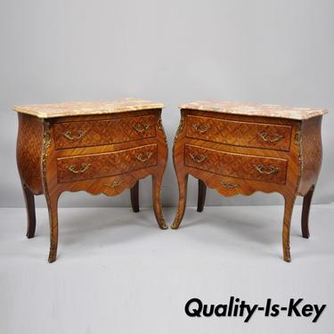 Pair French Louis XV Style Pink Marble Top Inlaid Bombe Commode Chests