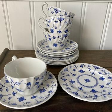 Myott England Blue and White Tea Cups Saucers and Plate Collection 