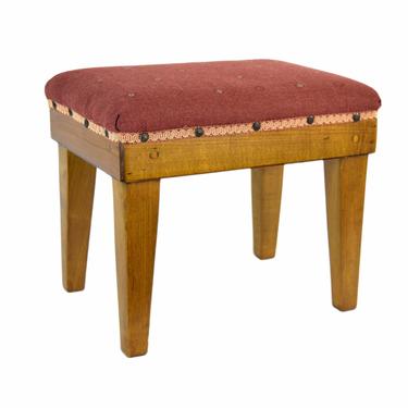 Vintage Mission Arts & Crafts Style Oak Footstool Ottoman with Upholstered Top 