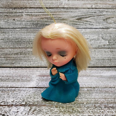 Vintage Kamar Doll Angel, 1960's Christmas Angel, Blonde Praying Angel Wings, Doll Wearing Turquoise Blue Dress, Vintage Christmas Ornament 