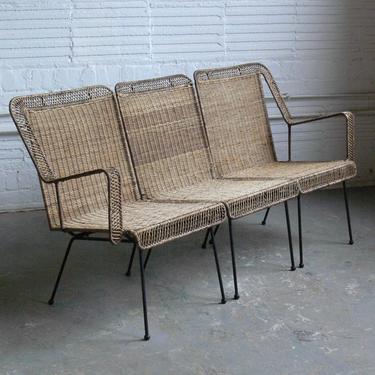 Mid Century Wicker and Wire Rod 3-Seat Settee Sofa In the Manner of Arthur Umanoff 