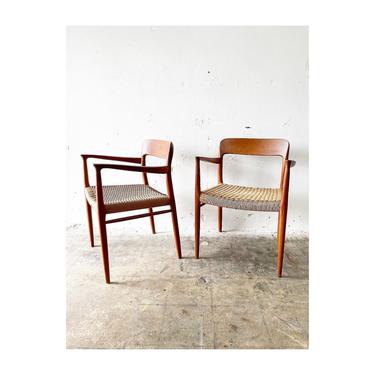 Pair Niels Moller Model 56 Teak & Paper Cord Arm Chairs by J.L. Møllers Møbelfabrik Danish Modern 