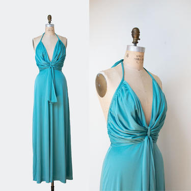 1970s Halter Dress / 70s Teal Maxi Dress by Joy Stevens 