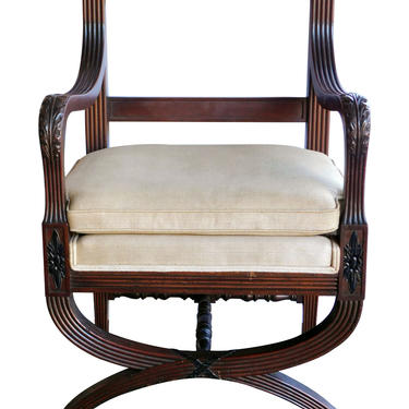 A Handsome English Regency Style Curule-form Armchair with Greek Key Relief