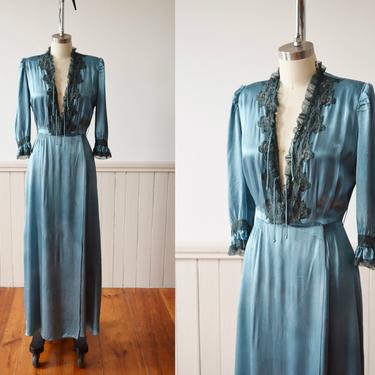1940s Forest Green Satin Wrap Dress |  Vintage Dressing Gown | S 