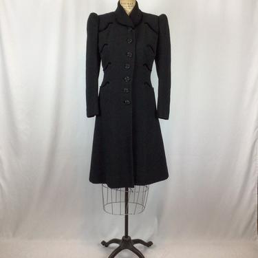 Vintage 40s coat | Vintage black wool boucle coat | 1940s wool velvet winter coat 