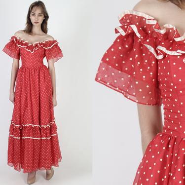 Gunne Sax Red Chiffon Dress / Jessica McClintock Ruffled Saloon Dress / Western Off Shoulder Polka Dot Maxi Dress Size 5 