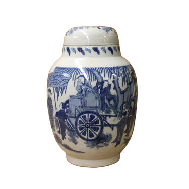 Chinese Blue White Round Porcelain People Graphic Accent Jar ws1104E 